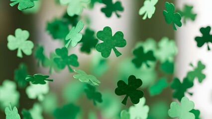 Shamrock Celebration: A cascade of green shamrocks floats in mid-air, creating a vibrant display of the good fortune associated with the Irish holiday, celebrating St. Patrick's Day.