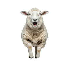 Fototapeta premium a young domestic sheep with transparent wool and a comical open-mouth laugh expression leaping dynamically towards the wide-angle camera on a clean studio background. Concept for viral humor and