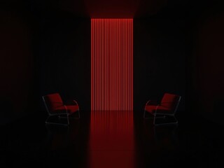 Sleek modern interior with red chairs and striking vertical red illumination