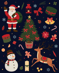 Collection of Christmas illustration with snowman, candy cane, lantern, poinsettia, gingerbread cookies, Christmas tree, Santa Claus, gifts, bells, reindeer and holiday decor elements for design.