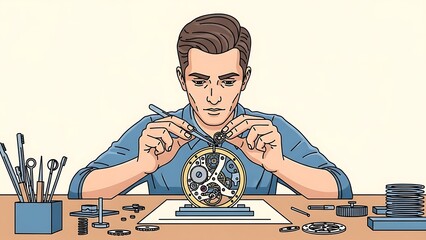 Watchmaker meticulously assembling intricate clockwork mechanism with precision tools.