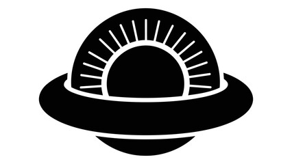 Stylized black silhouette of a sun rising within a ufo or flying saucer shape, isolated on white.