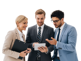 Diverse Business Team Collaborating Around Tablet Against White Background — Woman with Clipboard, Men in Suits & Glasses — Exuding Mutual Respect, Active Engagement, and Modern Professional Synergy 