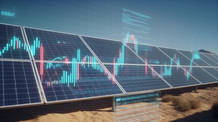 Solar panels in a desert landscape displaying stock market data and financial charts. - Powered by Adobe