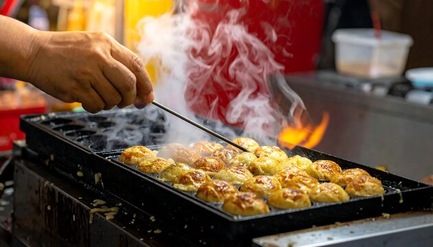 屋台の鉄板で職人が湯気立つたこ焼きを器用に返す焼き場の様子