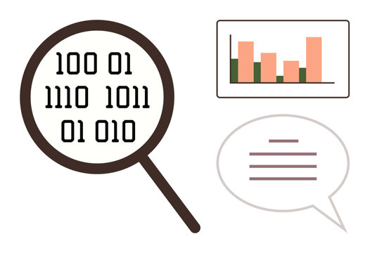 Magnifying glass over binary code, bar graph, and speech bubble representing data analysis, research, technology, and communication. Ideal for tech, business, education strategy AI coding simple - Powered by Adobe
