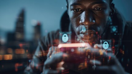 Focused Young Man Using Smartphone in Digital Security Environment