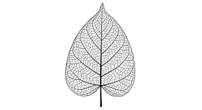 Detailed black and white leaf skeleton illustration against a clean white background design element