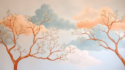 A mural of a serene landscape with trees and clouds, painted in pastel colors on a light beige background.
