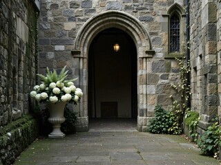 Stone Archway Entrance Courtyard with Elegant White Flower Urn and Gothic Window