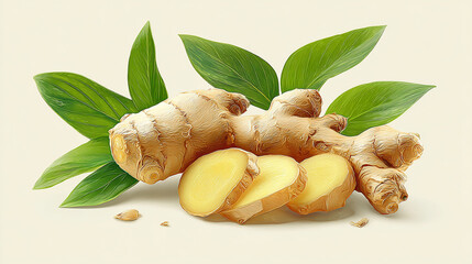 A still life of ginger root with green leaves and slices on a light background art