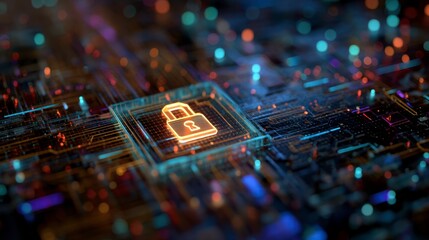 Digital lock symbol on abstract circuit board background with lights