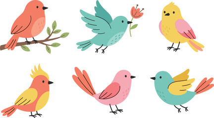 Naklejka premium Colorful cartoon birds, cute flying and perched birds, children’s illustration, playful animal art, decorative bird characters