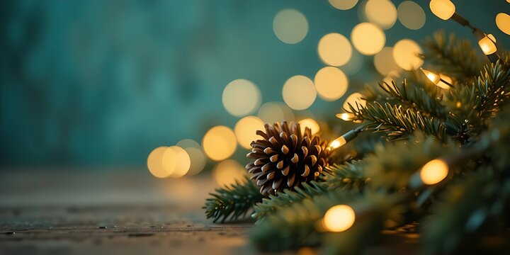 Cozy Christmas pine branch with golden fairy lights, pine cone, and dreamy bokeh.