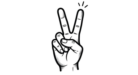 Obraz premium Black and white illustration of a hand making the peace sign or victory gesture with two fingers raised on a plain background.