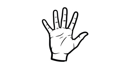 Obraz premium Simple black and white line art of an open palm hand showing five fingers, a gesture for stop, high five, or counting.