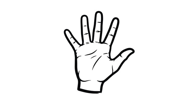 Simple black and white line art of an open palm hand showing five fingers, a gesture for stop, high five, or counting.