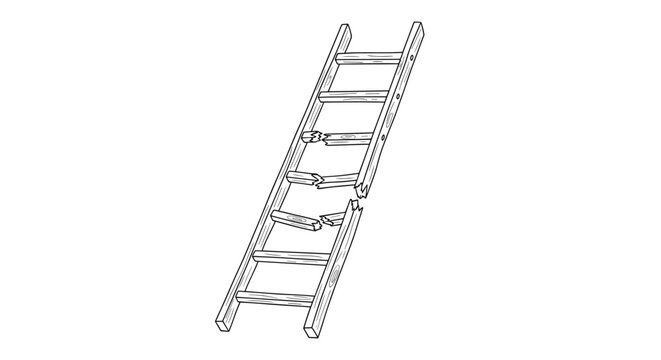 Black and white line drawing illustration of a leaning wooden ladder with several broken rungs, symbolizing failure or danger.