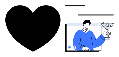 Black heart shape next to person holding trophy in a digital frame. Ideal for themes about emotions, love, achievement, recognition, success, digital interaction, personal growth