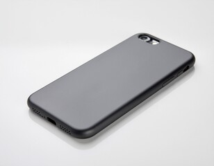 Black smartphone lying flat on reflective surface in studio