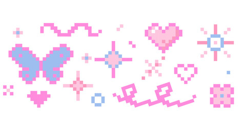 Cute pixel border nice pink pixel decoration. Y2k retro game 8 bit flower blossom, stars sparkles, butterfly, heart and cherry. Whimsical sparkling shining stars emoji,