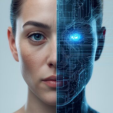 A split portrait showing half a human face and half a technical blueprint, representing the transformation of human identity into digital data. A modern visualization of cyber-human integration.
