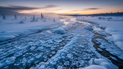 Stunning winter landscape with icy river flowing through snow covered wilderness at twilight creates a serene mood
