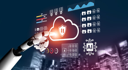 A robotic hand engages with cloud technology and security icons, representing advanced data protection and artificial intelligence in a sleek digital environment. Gantry