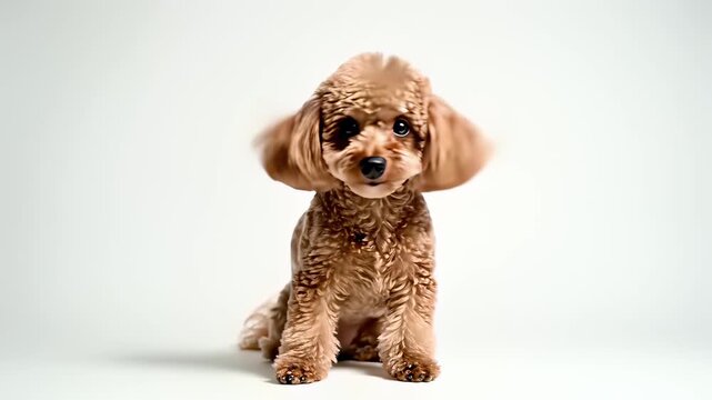 A small brown poodle sitting on a white surface with its tongue out, exuding an endearing expression, perfectly captures the concept of cute, making it ideal for use cases that require a.
