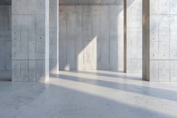 This room features concrete walls and columns with light streaming in, creating a spotlight effect on the floor. The space feels open and designed for creativity and functionality