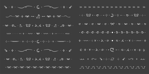 Line divider, cute border chalk texture hand drawn elements separator. Set geometric doodle frames with bows, hearts, moon. Stars and geometric shapes. Lace horizontal decoration.