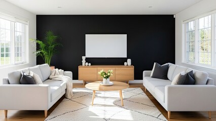 Fototapeta premium Modern Living Room with Black Accent Wall and Comfortable Sofas.