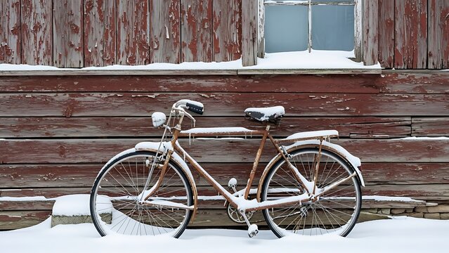 Nostalgic winter scene with vintage bicycle covered in snow against weathered barn wall creating warm rustic feel