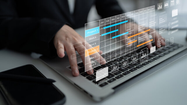 Digital visualization of multiple project timelines with progress tracking, documents, and team collaboration symbols Parse