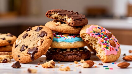 Assortment of delicious cookies and donuts on a table.