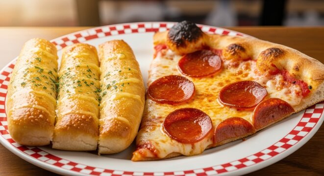 Single slice of cured meat pizza rests beside cheesy breadsticks on a checkered plate