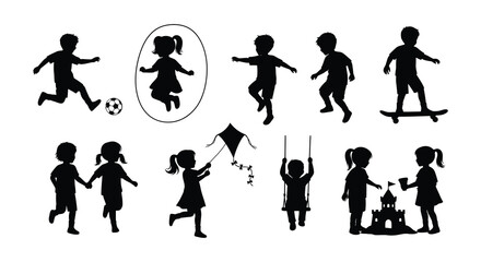 Children playing silhouettes of kids enjoying outdoor activities and games