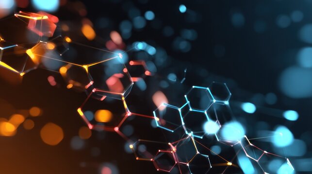 A glowing, abstract geometric pattern with a blue and orange hue, set against a dark background with scattered bokeh lights. - Powered by Adobe