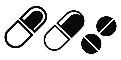 Medical pills icon and capsule pictogram vector with detailed tablet and capsule illustrations
