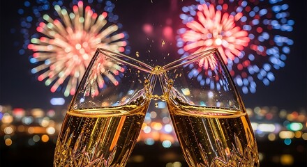 Champagne Toast with Fireworks Display Celebrating New Years Eve.