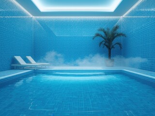 Fototapeta premium Tranquil indoor swimming pool oasis with palm tree and lounge chairs under soft blue lighting