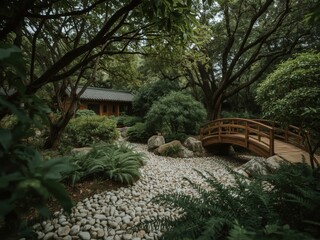 Obraz premium Tranquil Japanese Garden with Wooden Bridge and Traditional Building Serene Oasis