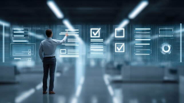 Man Interacting with Digital Data Dashboard in Modern Office Space - Powered by Adobe