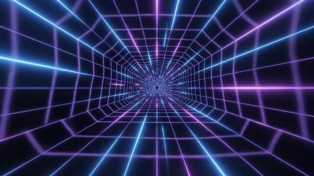 Seamlessly looping geometric grid lines glowing blue and purple, creating a dynamic, rhythmic tunnel effect with infinite perspective depth connection, seamless, cyber
