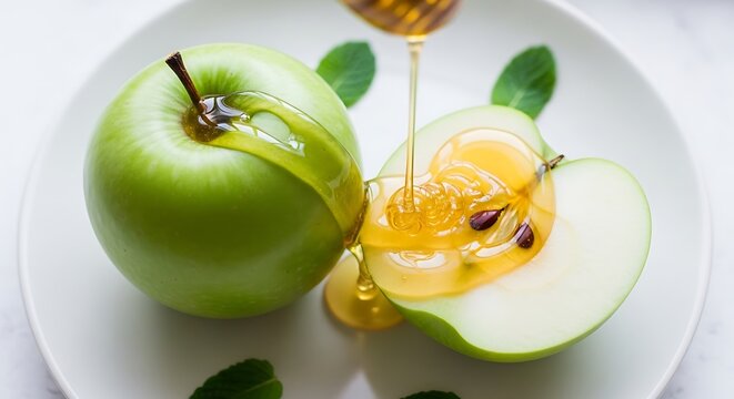 Green apples on a plate with honey being poured over a sliced apple showing the seeds inside it - Powered by Adobe