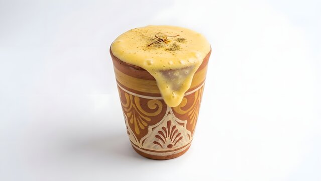 Creamy saffron lassi overflowing from a traditional clay kulhad isolated on a white background