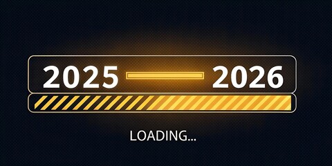 Diagonal-striped loading bar transitions from 2025 to 2026 with glowing line and bold “LOADING…” text.