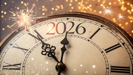 Festive countdown scene with vintage clock, glowing “2026” and celebratory golden light bursts.