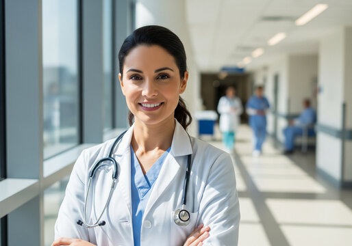 Professional female doctor smiling in hospital corridor - Powered by Adobe