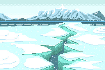 Frost fractures and cracked ice with glacial valleys background, Winter landscape, snow.